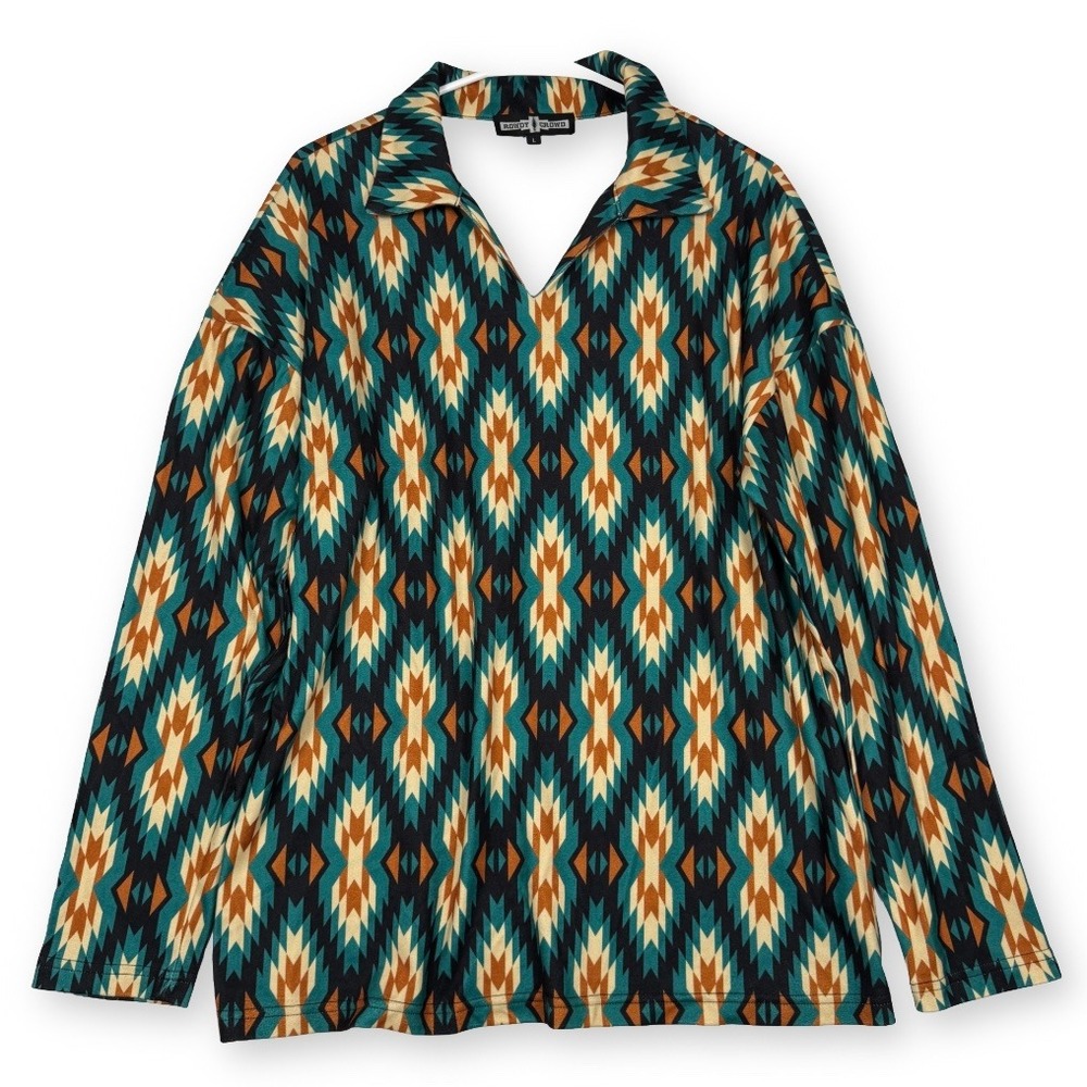 Rowdy Crowd Womens Large Southwestern Geometric V-Neck Long Sleeve Top Teal
